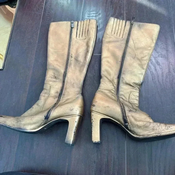 Y2K vintage leather gold and black washed heeled booties  38 - Picture 3 of 8